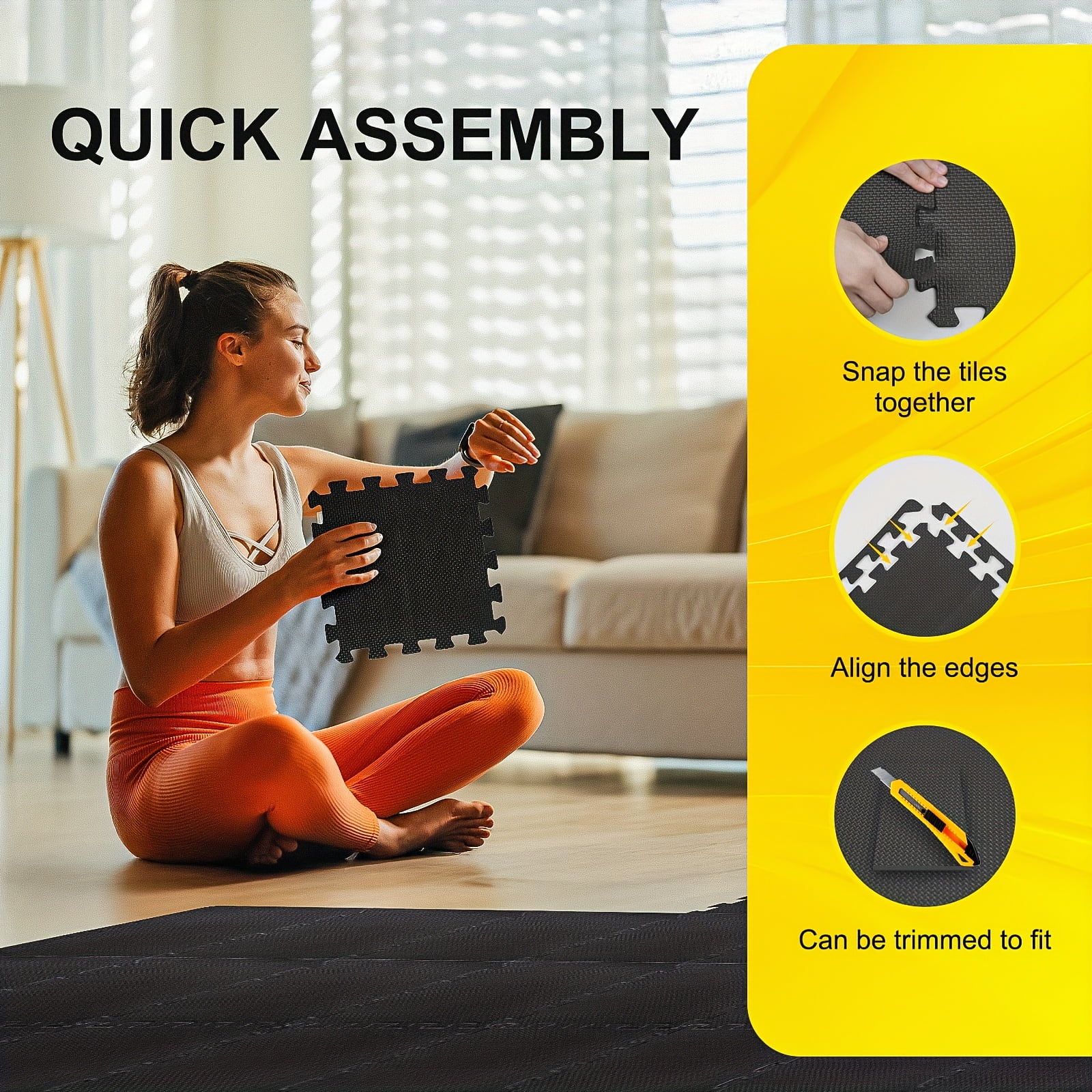 Heavy-Duty EVA Interlocking Floor Mats, 12x12 Inch 0.4" Thick Non-Slip Waterproof Foam Tiles, Black Puzzle Gym Flooring for Playroom, Yoga Studio, Indoor Outdoor Use (24 or 48 Tiles)