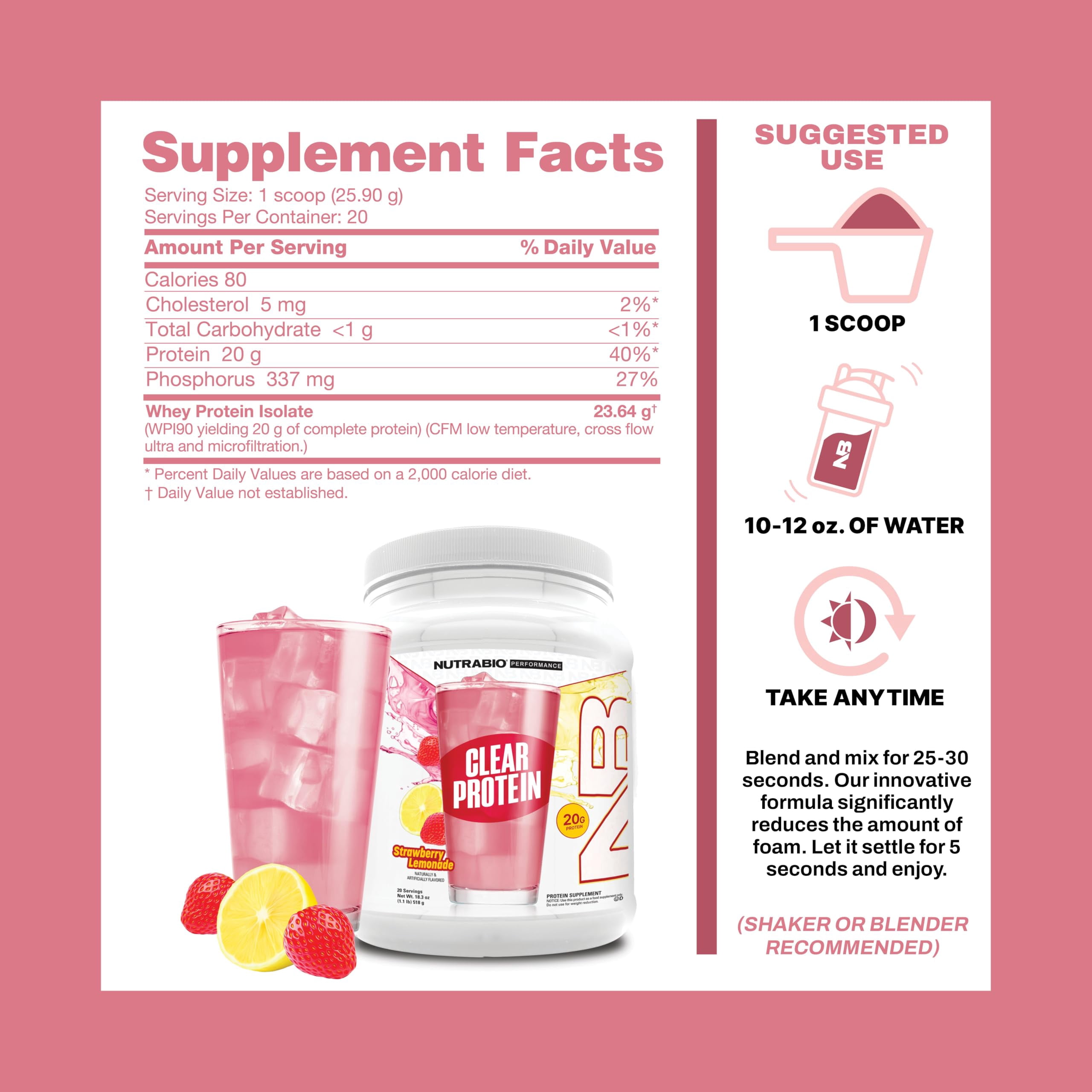 NutraBio Clear Whey Isolate Protein Powder, Delicious & Refreshing Fruit Flavors, Protein Juice, No Milky Taste, No Foam, Zero Sugar, Strawberry Lemonade, 20 Servings