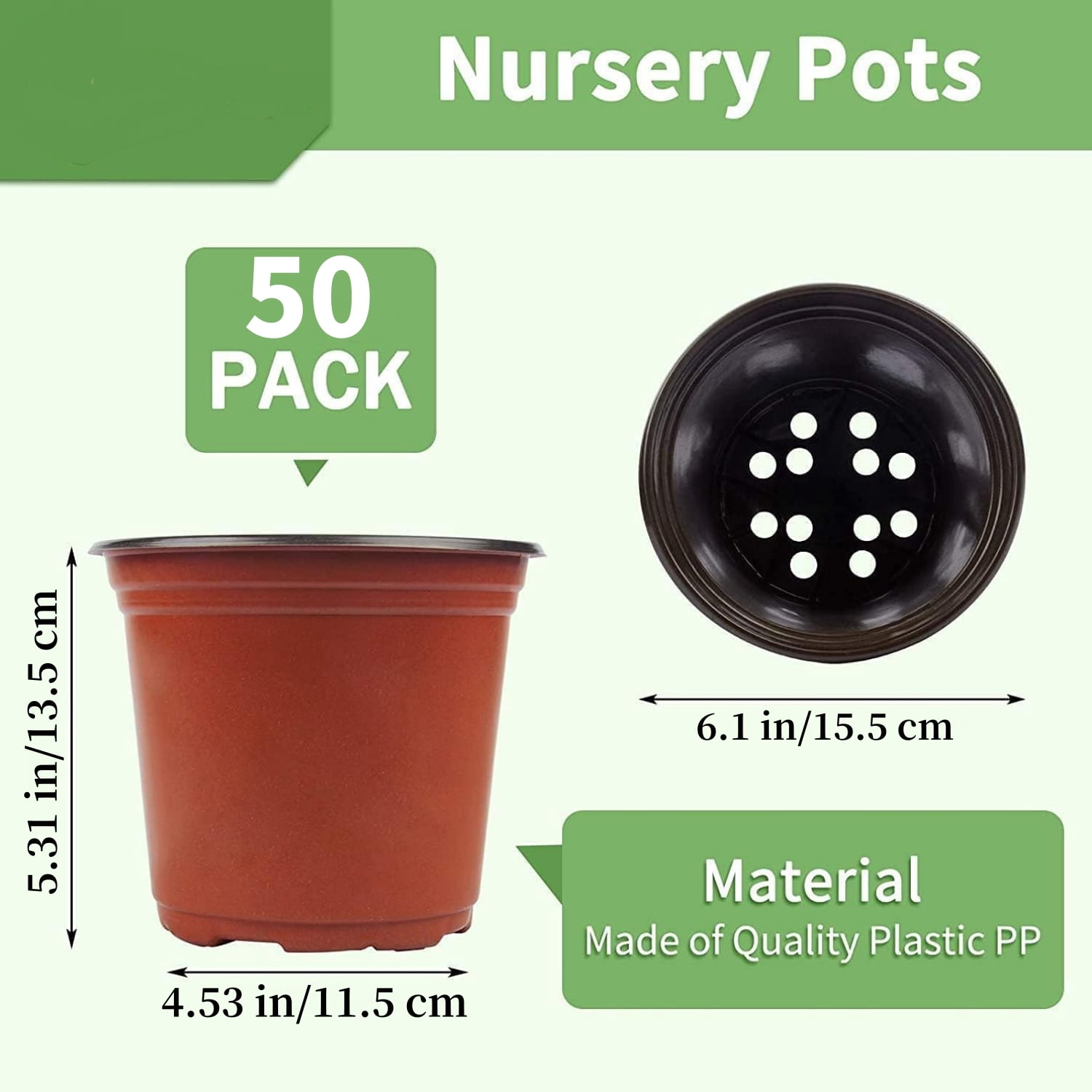 6 inch Plastic Flower Pots HYG Plant Pot 50 Pcs Seed Starting Seed Starting Planter with Drainage Holes for Outdoor Indoor Seedling Transplant Plant Container Cups,Brown