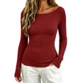 thumbnail image 2 of ZDNIXIAN Women Off Shoulder Long Sleeve Basic Tops Ribbed Knit Slim Fitted Blouse, Elegant Boat Neck Form Fitting Shirt, Stretchy Soft Casual Long Sleeve Tees, 2 of 6