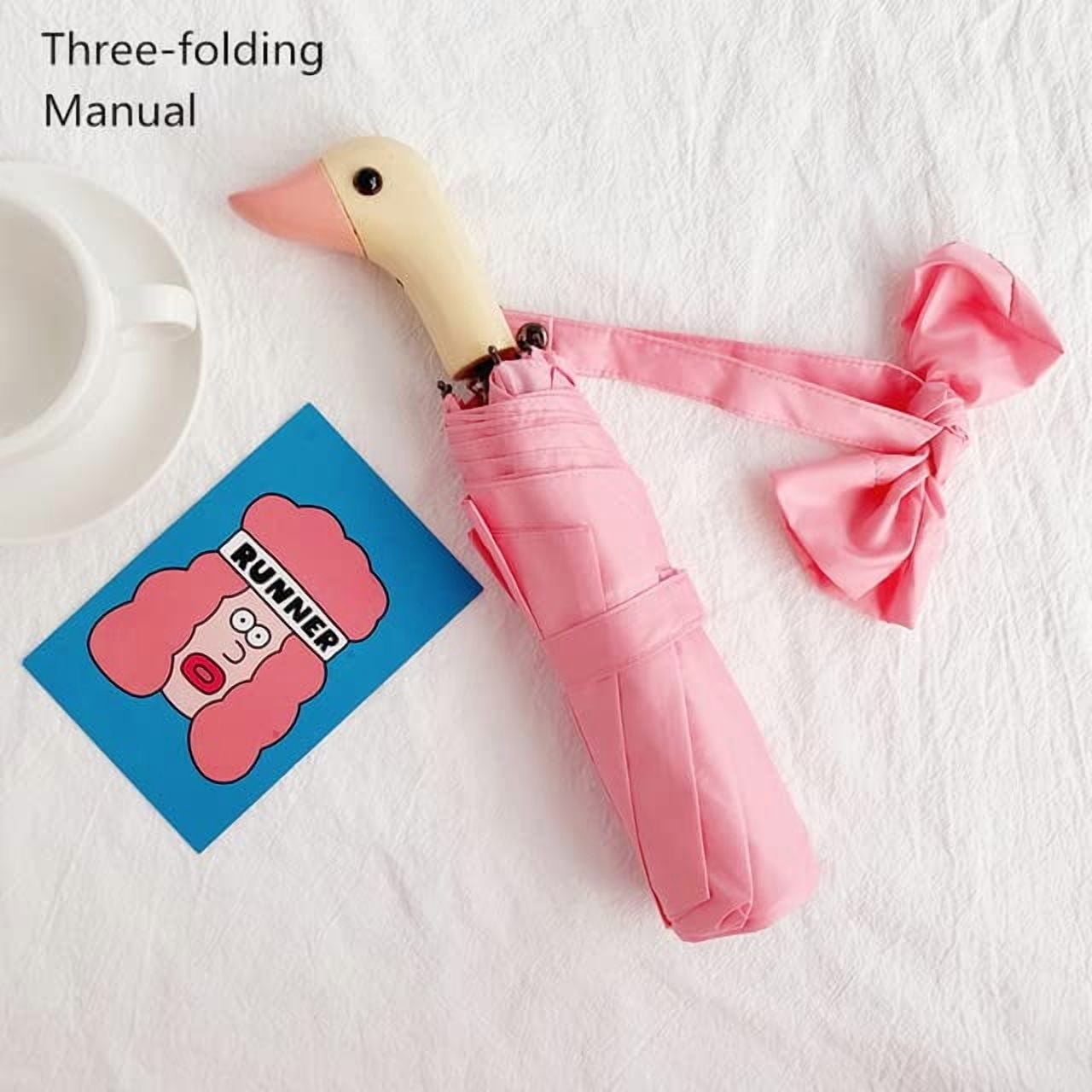 Cute Duck Head Wooden Handle Folding Umbrella for Sun and Rain Protection