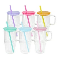 AGH 20oz Sublimation Glass Cups with Handles and Matching Straws, Clear Tumblers for DIY Printing, 6 Colors Mixed Set of 6