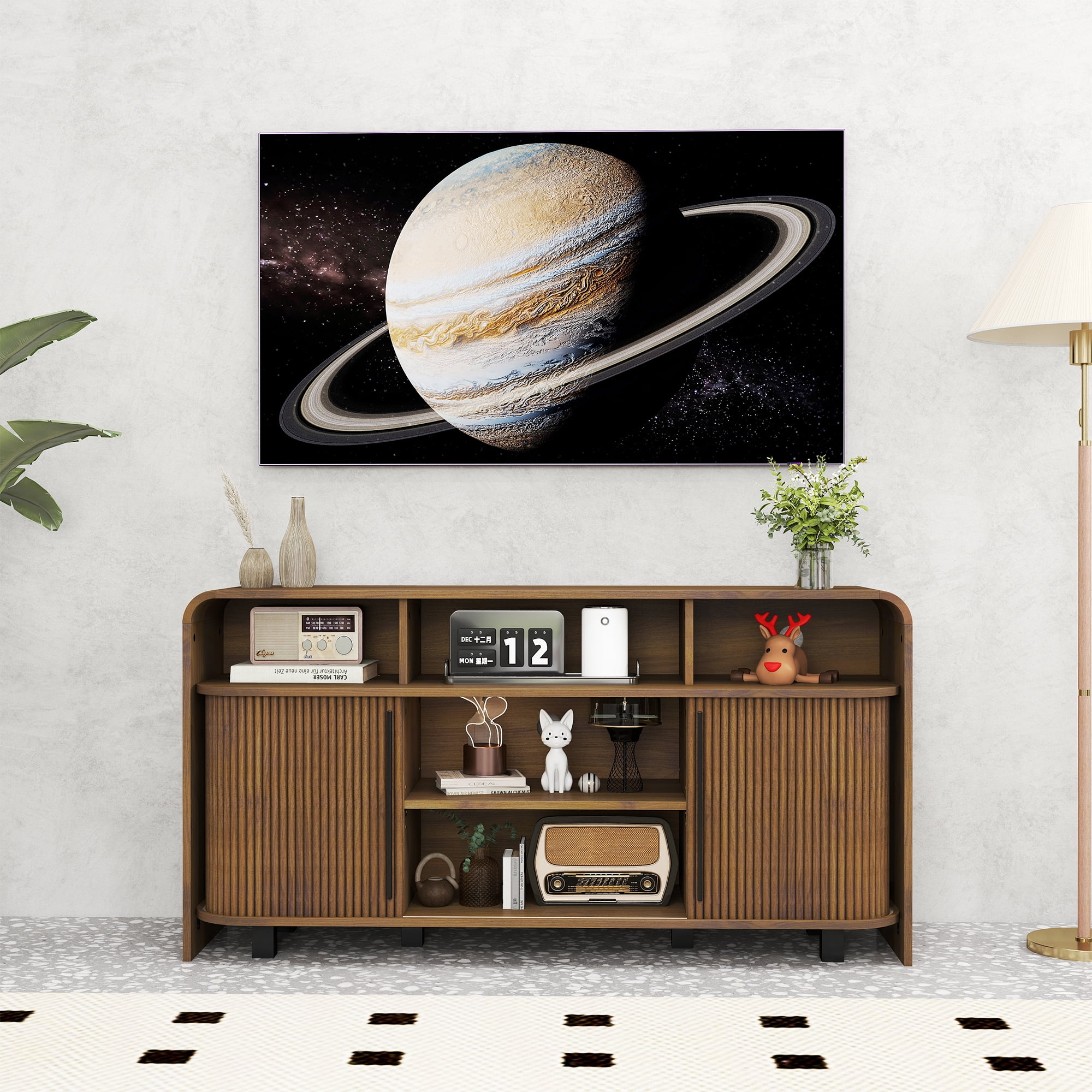 Mid Century Modern TV Stand for Bedroom, Fluted Entertainment Center for TVs up to 55 Inch, Media Console with Sliding Doors for Living Room, Walnut