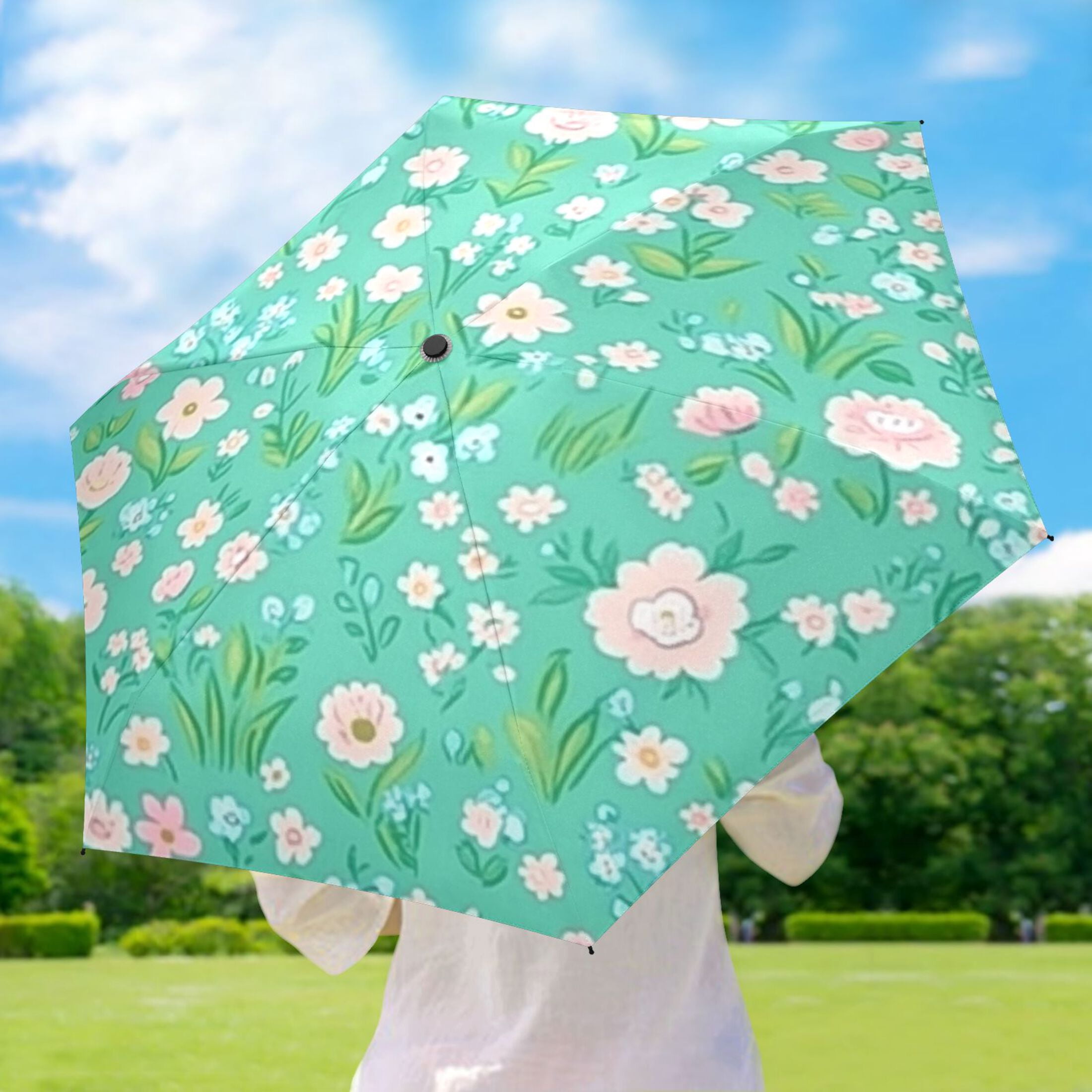 Mint Green Floral Pattern Umbrellas for Sun Auto Open Close UV50+ Waterproof 5-Fold Compact Fiberglass Frame