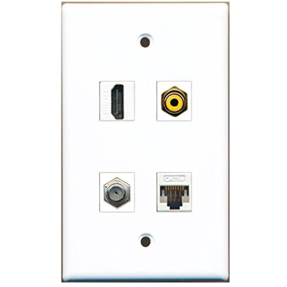 RiteAV - 1 Port HDMI 1 Port RCA Yellow 1 Port Coax Cable TV- F-Type 1 Port Cat5e Ethernet White Wall Plate