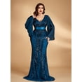thumbnail image 3 of AURA Plus Size Evening Dress Deep V Neck Long Sleeve Party Teal Blue 0XL-4XL, 3 of 7