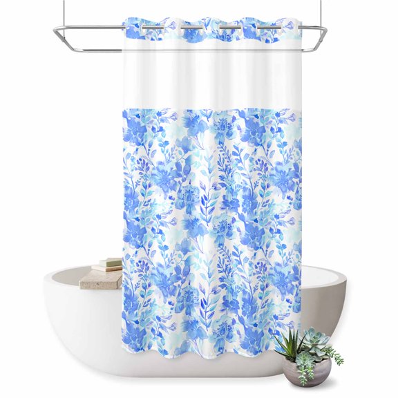 No Hook Shower Curtain, Blue Flowers Shower Curtains for Bathroom with See Through Top Window, Watercolor Summer Botanical Floral Waterproof & Washable Bath Curtain Stand Up Stall 36"x72"