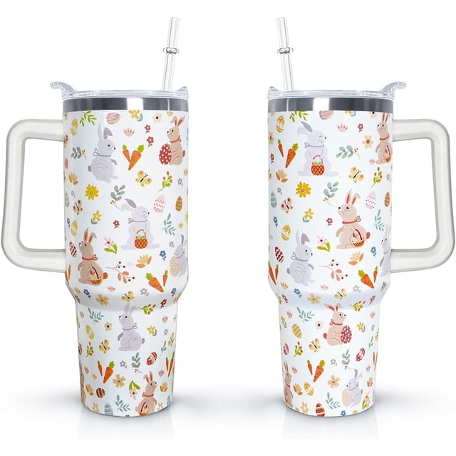 Easter 40 oz Tumbler with Handle and Straw Lid Gifts for Women Rabbit Lovers Stainless Steel Easter Travel Coffee Mug for Man Woman Easter Bunny Easter Egg