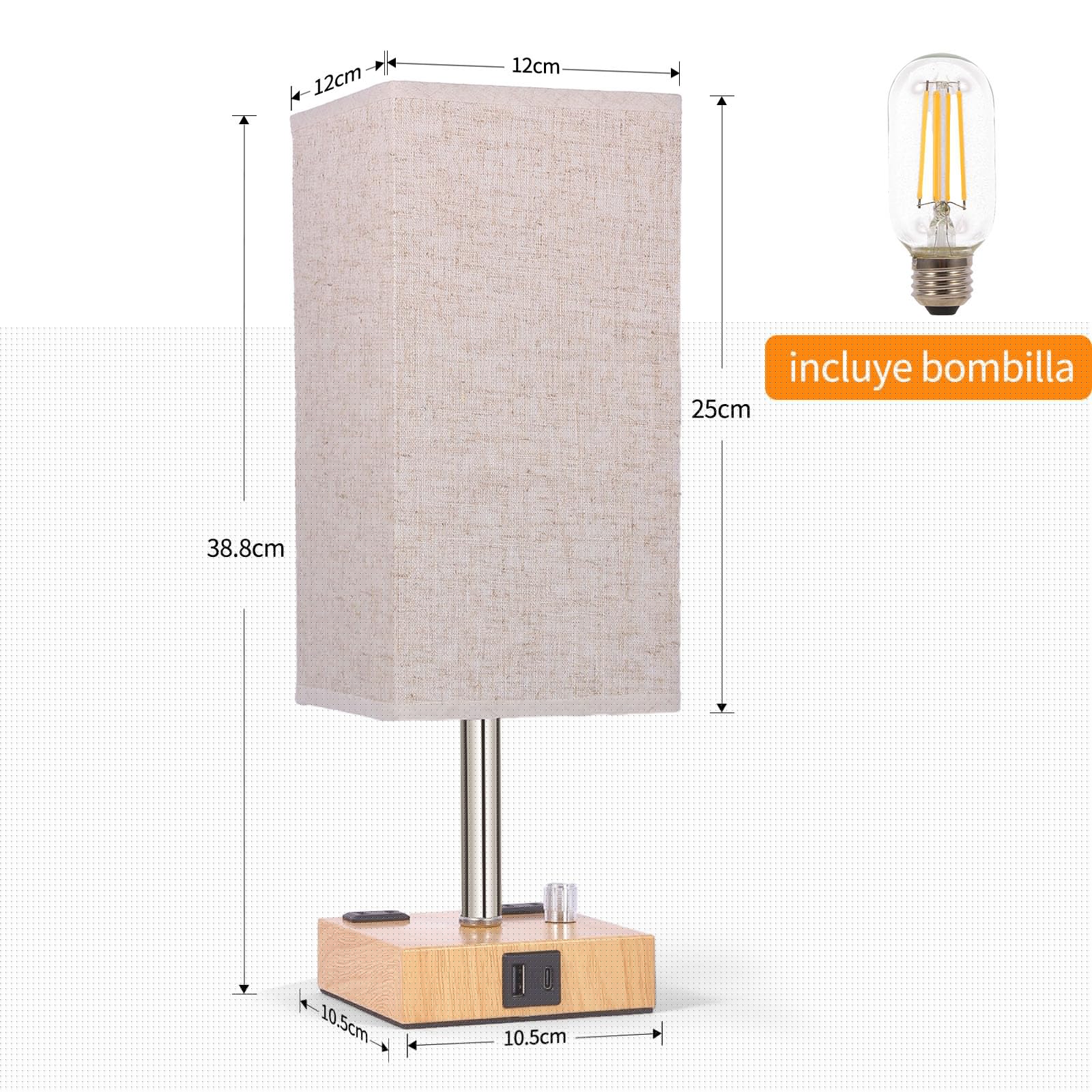 thumbnail image 4 of lampara de buro, lamparas de mesa recamara, lampara de noche brillo regulable pantalla de tela de lino con puertos de carga USB C+A, l&aacute;mpara buro para dormitorio, habitaci&oacute;n (E26, 4 of 7