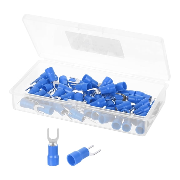 Insulated Fork Spade Connectors, 12-10AWG SV5.5-5 U-Type Tinned Copper Waterproof Fork Crimp terminals Connectors for Industrial Electrical Marine Wiring, Pack of 50 (Blue)