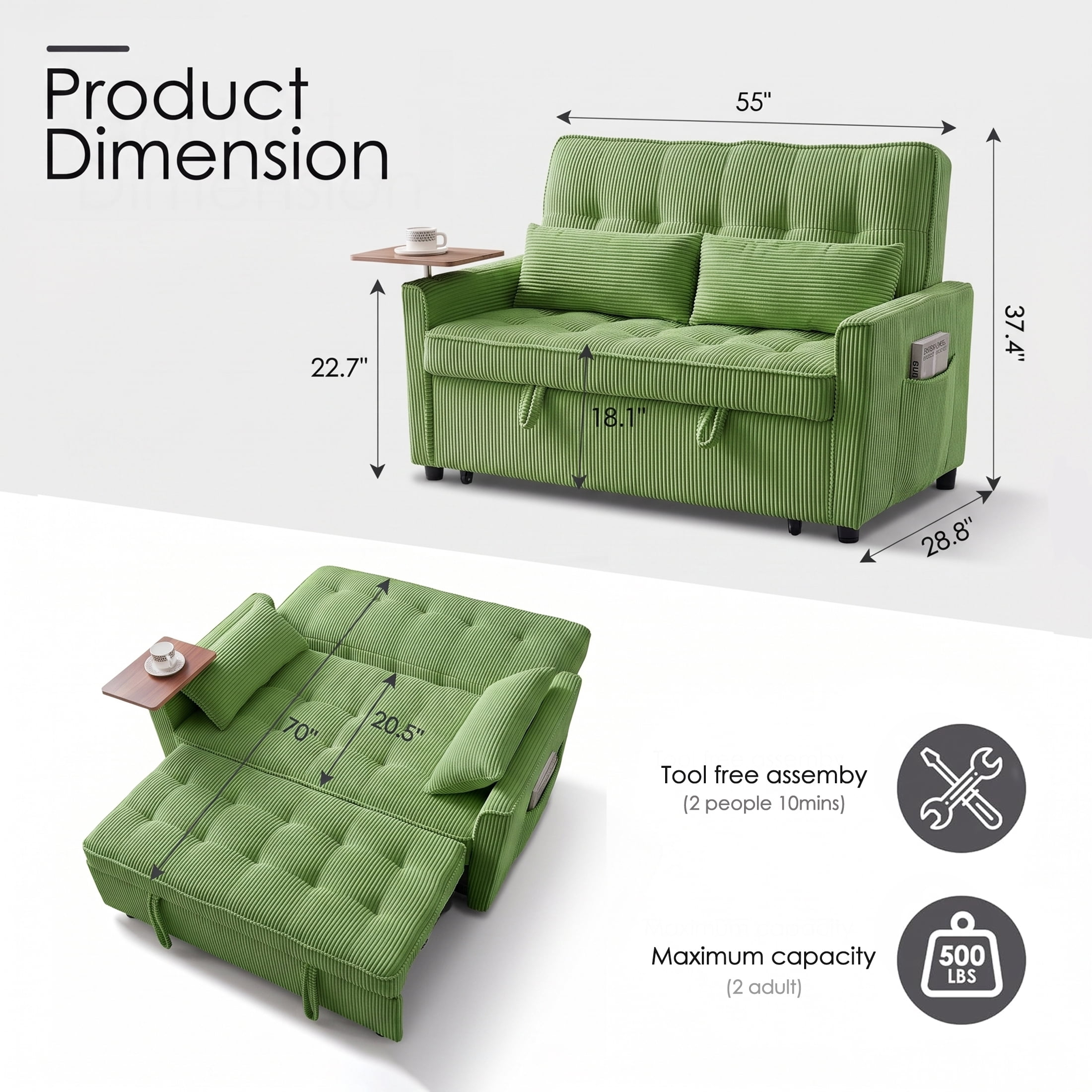AISWORD 55" 3-in-1 Convertible Sleeper Sofa Bed, Pull Out Loveseat Couch with Side Tray Table & USB Charging Port, Adjustable Backrest Sofa for Apartment, Bedroom, Office, Green