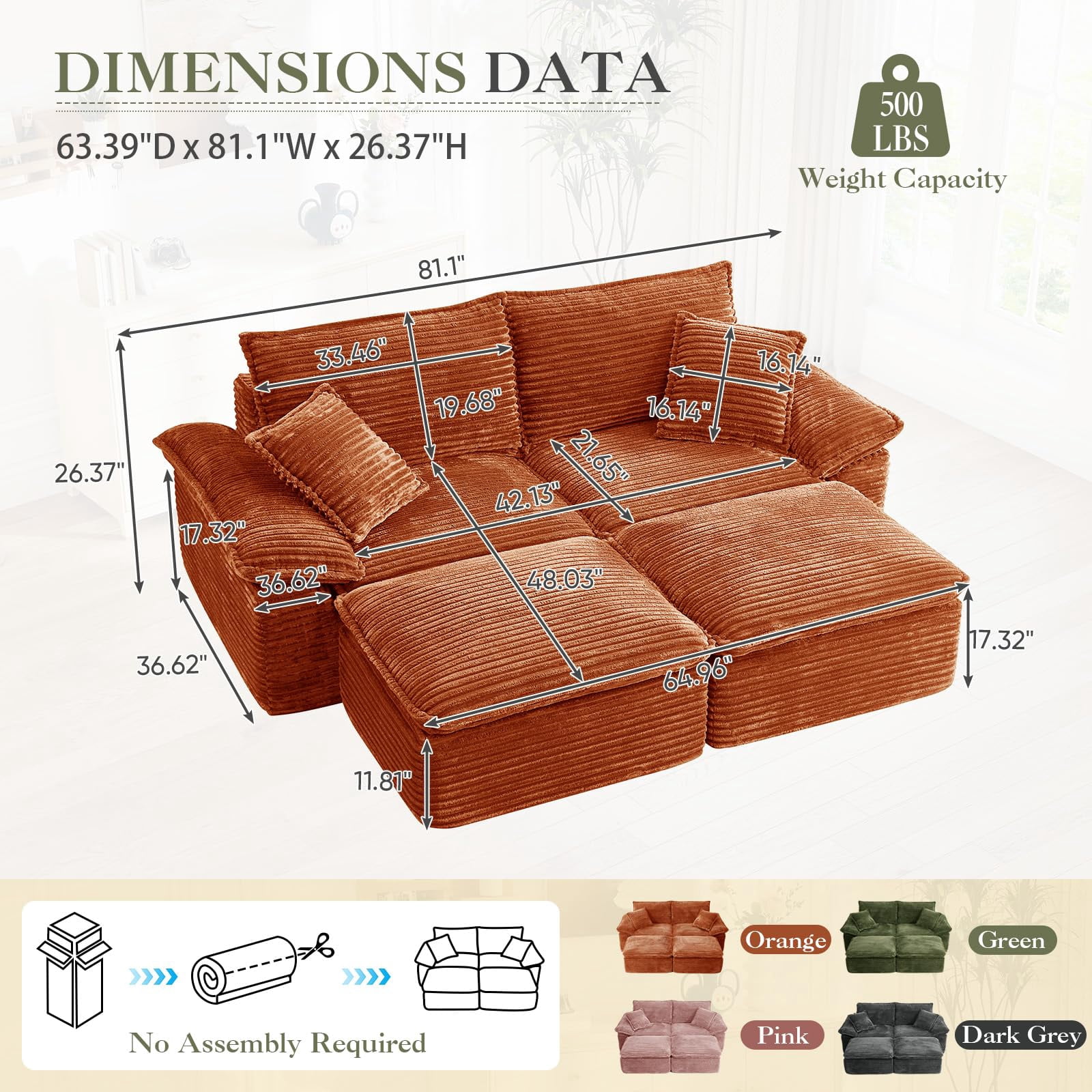 Aukfa 4-Piece Modular Sectional Sofa, Corduroy Convertible Double Chaise Lounge with Ottomans, Orange