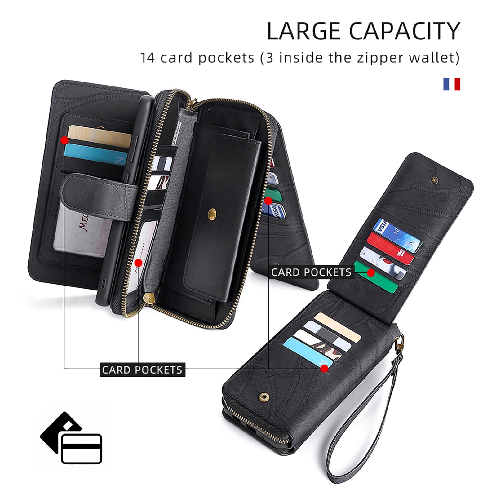 For Samsung Galaxy S25 Ultra Wallet Case with RFID Blocking Credit Card Holder, Detachable Wallet Phone Case Magnetic Closure Flip Kickstand PU Leather Flip Lanyard Strap Wristlet Zipper Purse,Black