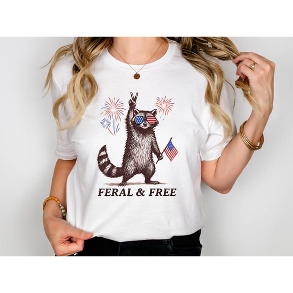 Feral & Free Raccoon T-Shirt, Unique 4th of July Shirt American Feral Girl Summer Meme Shirt, Patriotic Independence Day Gift