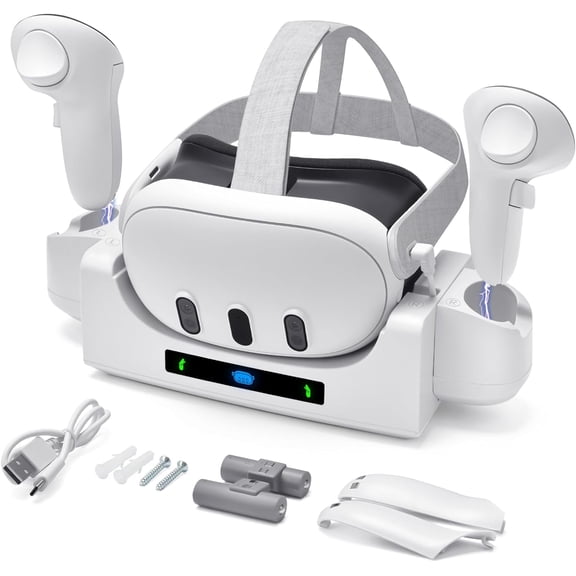 Charging Base Station Compatible with Quest 3, Wall-Mounted Charging Dock for Quest 3 Headset & Controllers, Charger Stand with 2 Rechargeable Batteries Cable VR Accessories