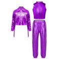 thumbnail image 3 of iiniim Girl's 3 Piece Holographic Outfit Long Sleeve Tassel Hip Hop Modern Jazz dance Jacket Vest and Pants Set Purple 8, 3 of 6