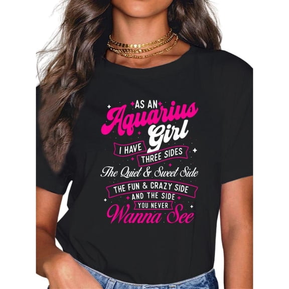 Women's Aquarius Girl Graphic Comfortable T Shirt Casual Cotton Short Sleeve Round Neck Top Black S-5XL