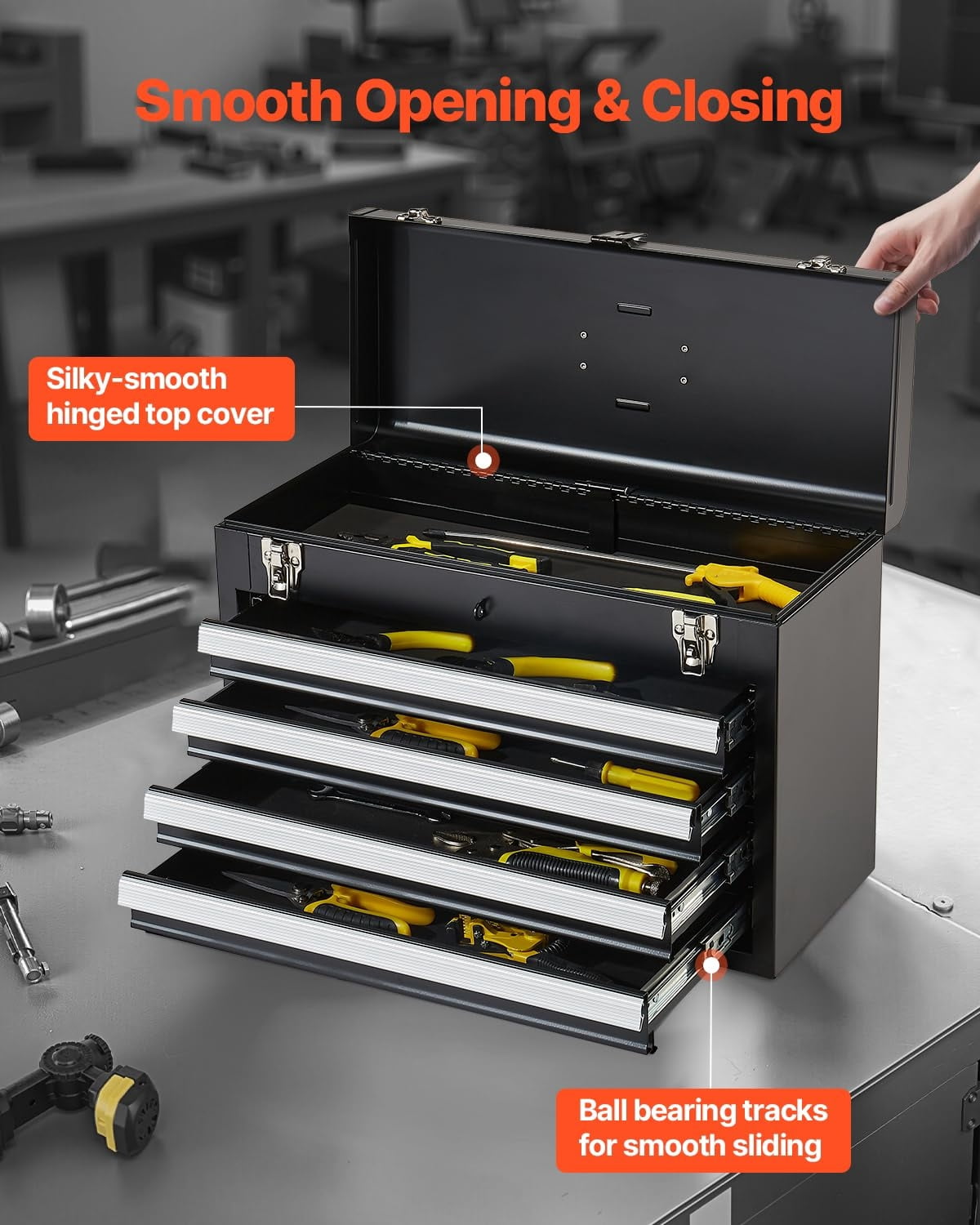 Metal Tool Box, 20.5-inch, Portable Metal Tool Box with 4 Drawers, Small Tool Chest with EVA Liners, Ball Bearing Slide Drawers Locking & Powder Coated Finish, Multi-Function Tool Organizer