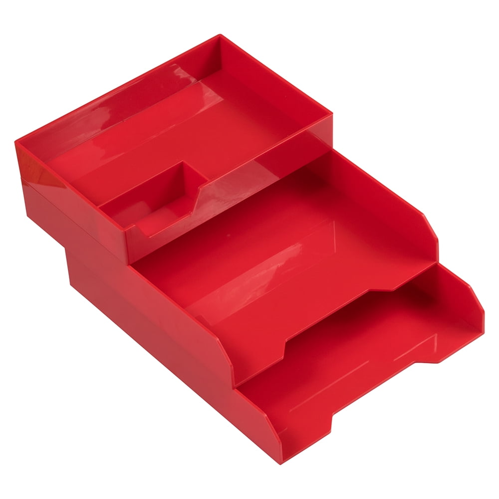 JAM Paper Stackable Desktop Trays, Red, Office Desk Supply & Paper Organizer Set, 1 Top Tray & 2 Letter Trays/Pack