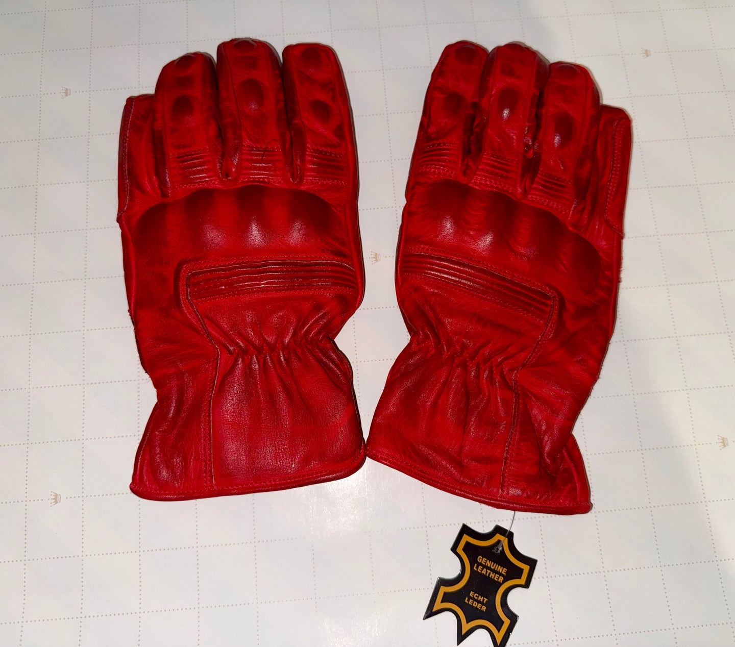 Motorcycle Leather Gloves With Reinforced Knuckles, Full Finger, Touchscreen Finger Tips, Red ZAMGEAR