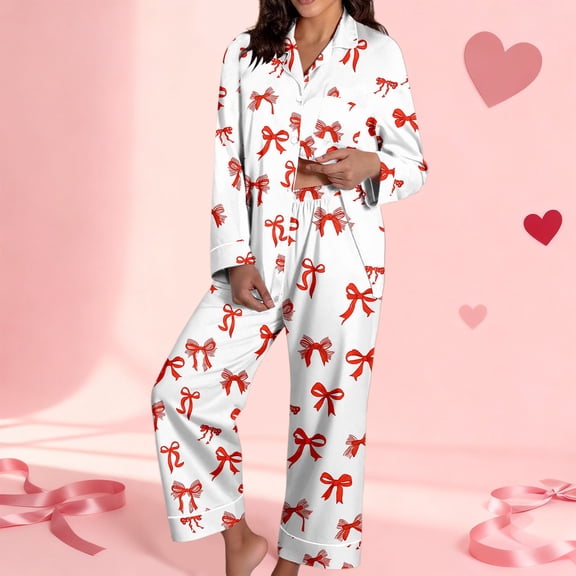Women Satin Pajamas Set Bow Long Sleeve Shirt Pants Silk 2 Piece Pjs Set Sleepwear Womens Pjs Sets Red L