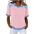 thumbnail image 1 of Dazajoo T-Shirts Gaufrés pour Femmes à Manches Courtes en Denim à Col à Revers, Chandails à Enfiler Décontractés à Imprimé Rayé, Col Ras du Cou, T-Shirts Graphiques, Rose, P, 1 of 5