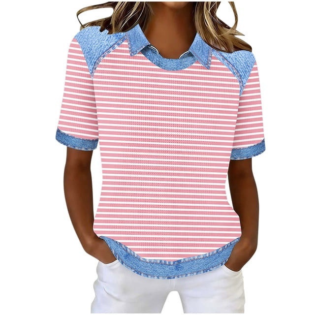 Dazajoo T-Shirts Gaufrés pour Femmes à Manches Courtes en Denim à Col à Revers, Chandails à Enfiler Décontractés à Imprimé Rayé, Col Ras du Cou, T-Shirts Graphiques, Rose, P