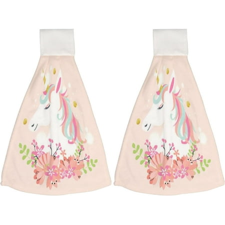 

2 Pcs Hanging Towels Dish Towels White Unicorn with Mane and Horn Absorbent Hand Towels with Hanging Loop Washcloth for Bathroom Kitchen