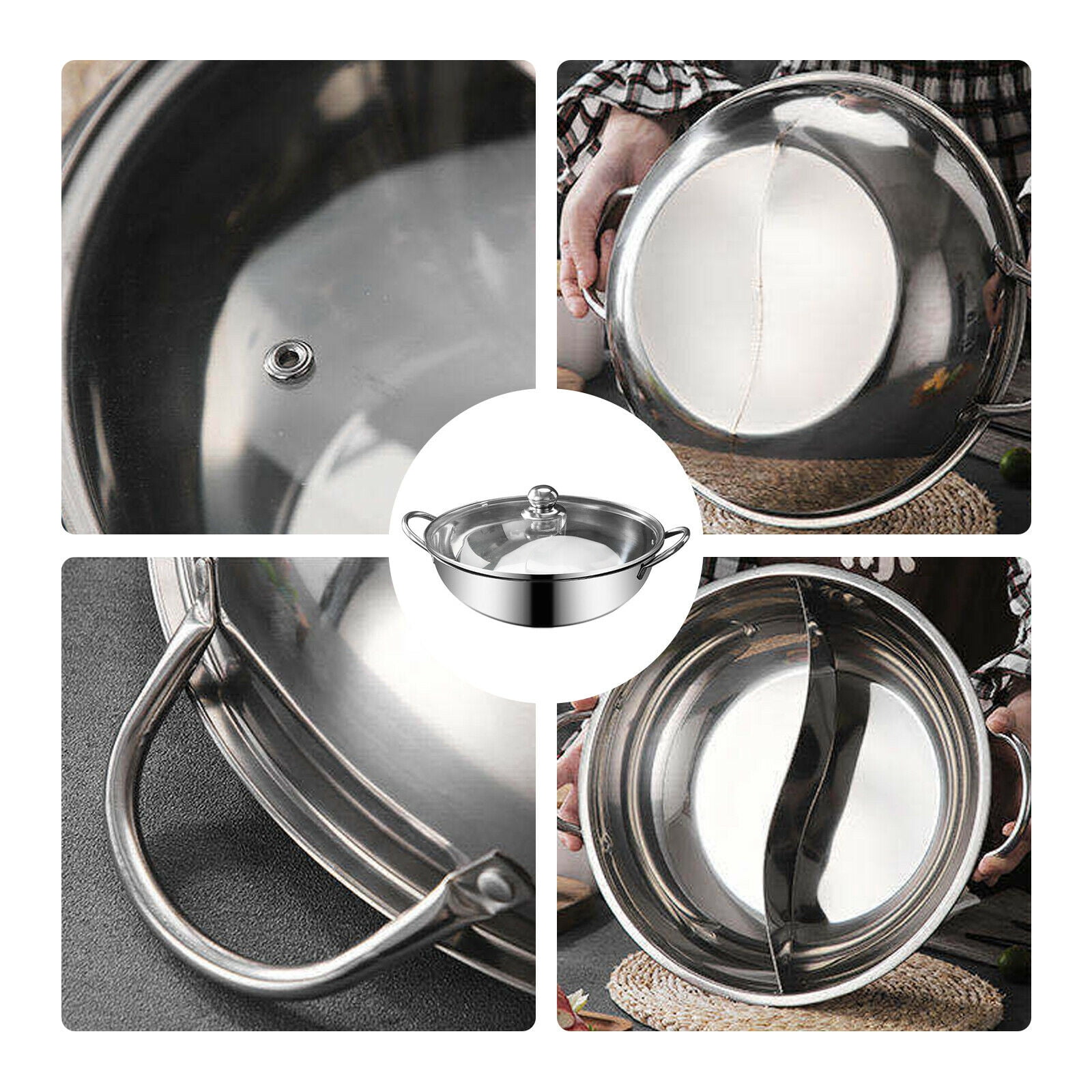 Stainless Steel Shabu Shabu Dual Site Divider Cooking Soup Hot Pot w/ Lid 12 inch, Size: NA, Silver