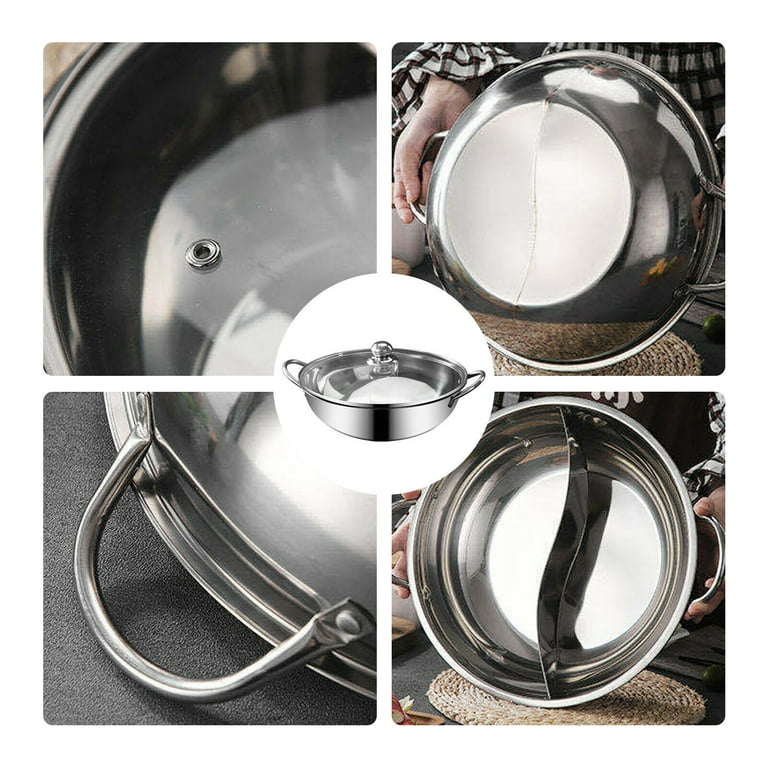 Miduo Stainless Steel Hot Pot S-Type Stockpot Hot Pot Dual Side Top Shabu Hot Pot with Divider Glass Lid, Size: 30*30*12cm, Silver