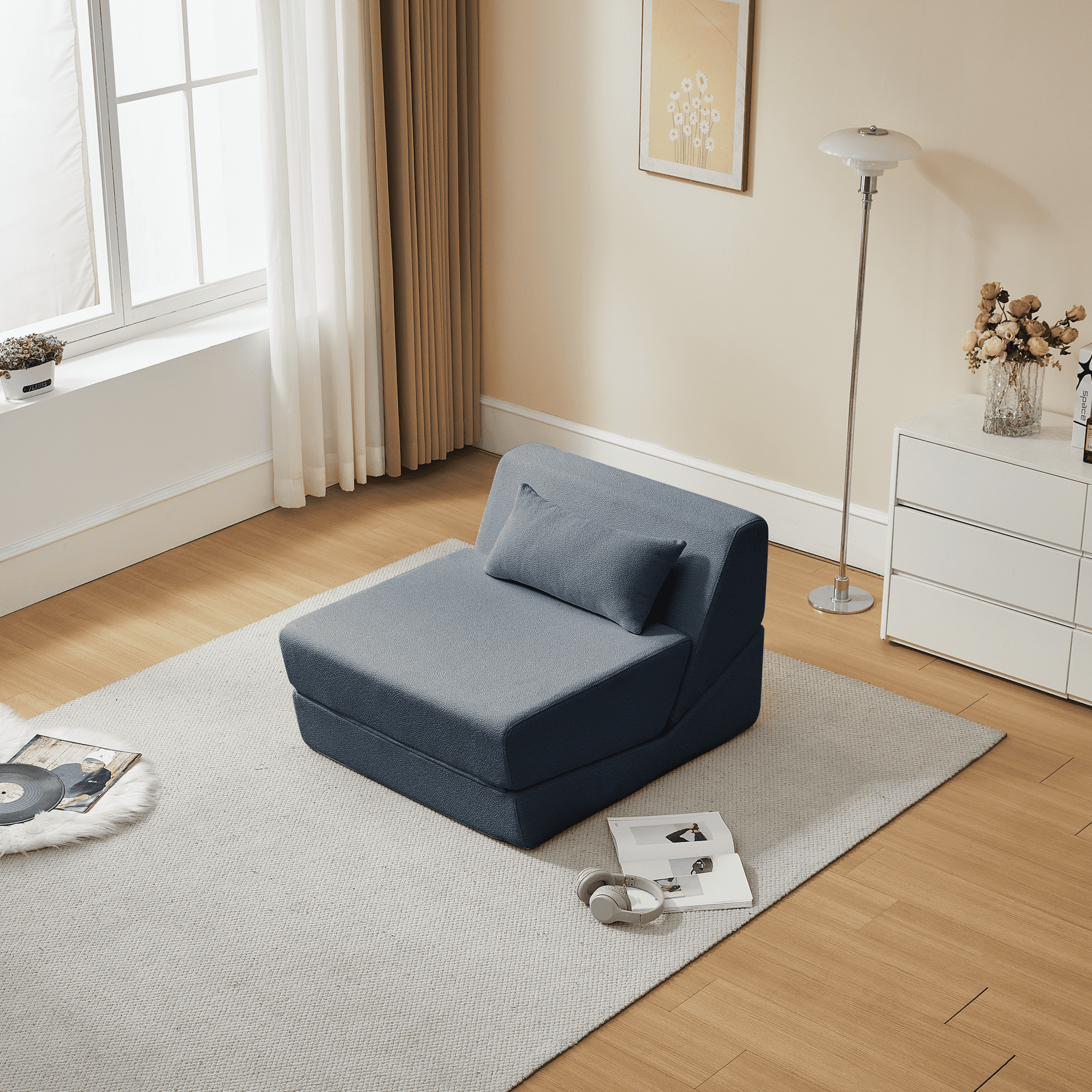 MAYEERTY Leisure Convertible Alpaca Wool Fabric Sofa Chair Modern 2-in-1 Functional Compressed Sofa Bed Perfect for Small Space Living Room Dormitory Apartment Study