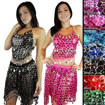 Hip Shakers New Gold Tribal Sequins Mermaid Scale Belly Dance Costume Hip Scarf Shawl Set
