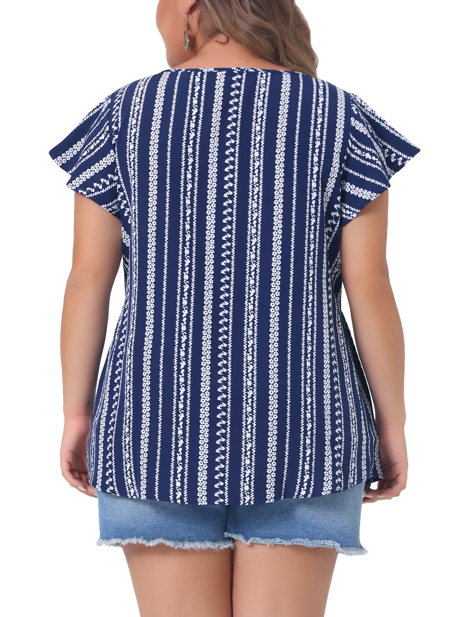 Women's Plus Top Boho Floral Printed Round Neck Ruffle Sleeve Blouses Shirts 1X Dark Blue