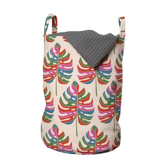 Tropical Laundry Bag, Continuous Pattern of Aloha Hawaiian Themed Exotic Colorful Leaves, Basket with Handles Drawstring Closure for Laundromats, 13" x 19", Pale Rose and Multicolor, by Ambesonne