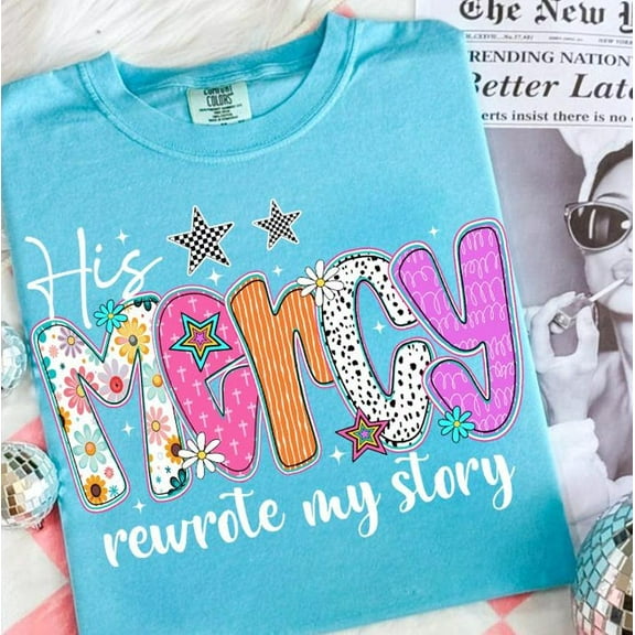 His Mercy Rewrote My Story Shirt, Preppy Christian Floral Tee, Bible Verse Shirt for Women, Everyday Jesus Shirt, Checkered Faith Shirt Design