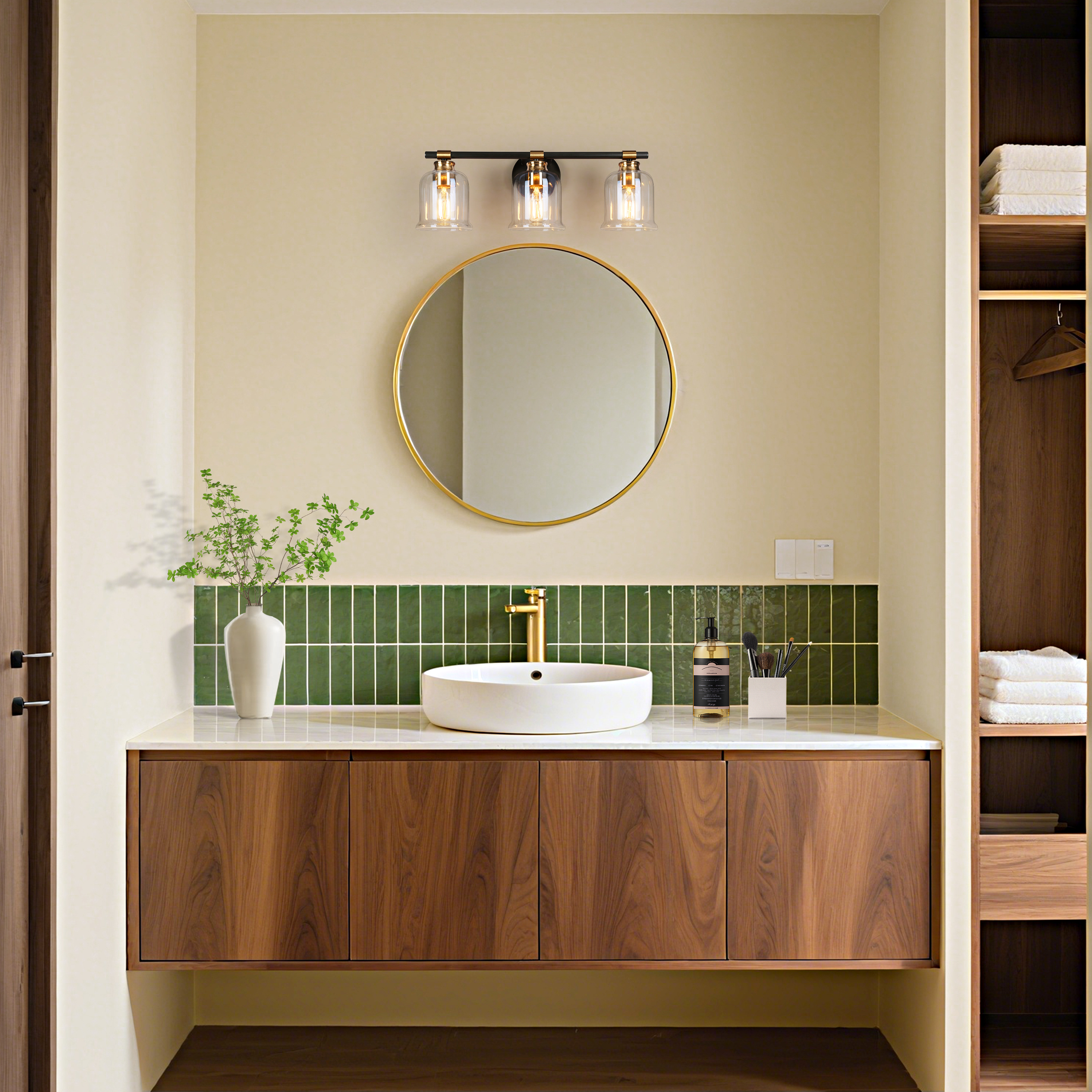 LNC Black & Gold 3-Light Bathroom Vanity Light with Clear Bell Glass Shades, Dimmable