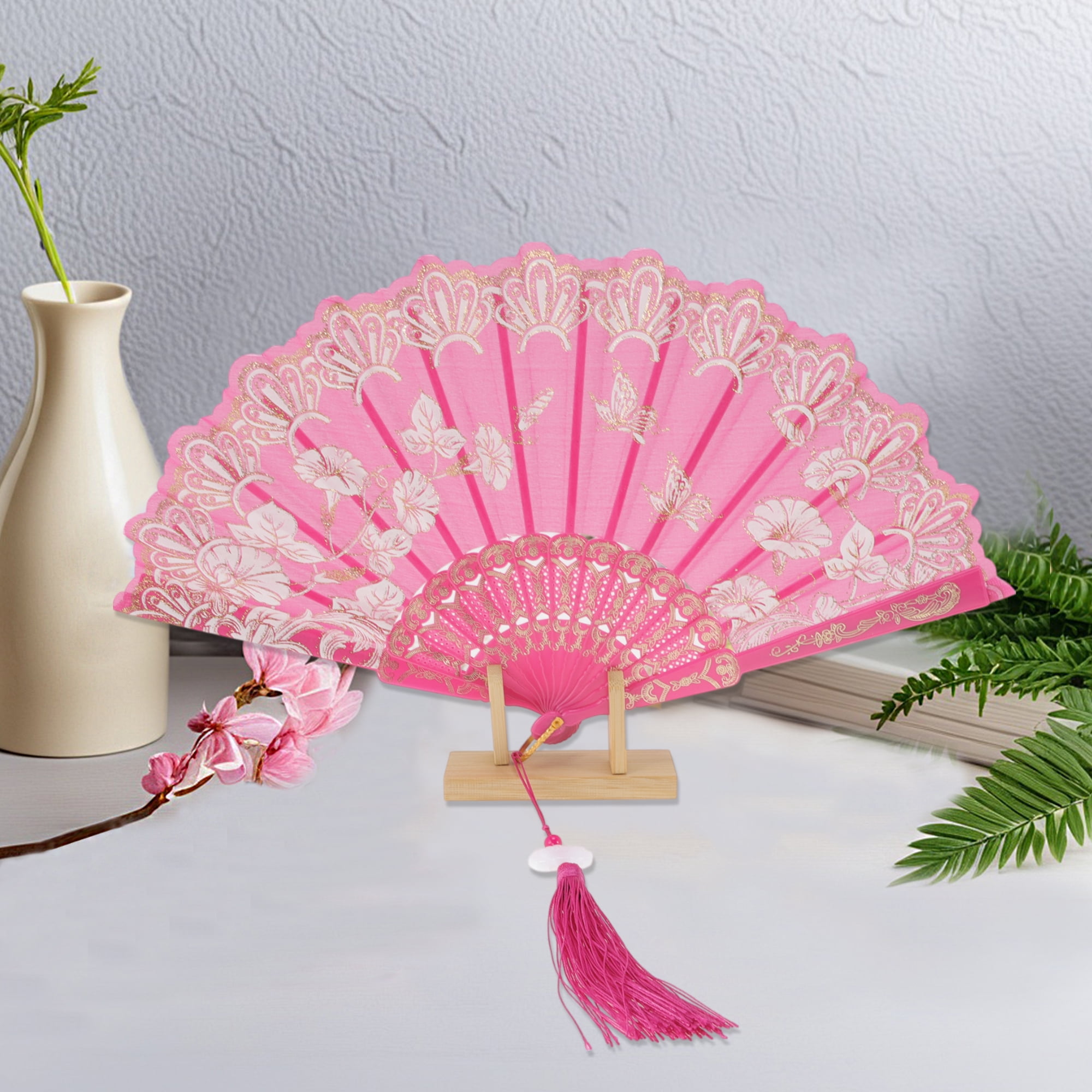 Unique Bargains Tassel Folding Fan 1 Pc for Weddings Parties Rose Red