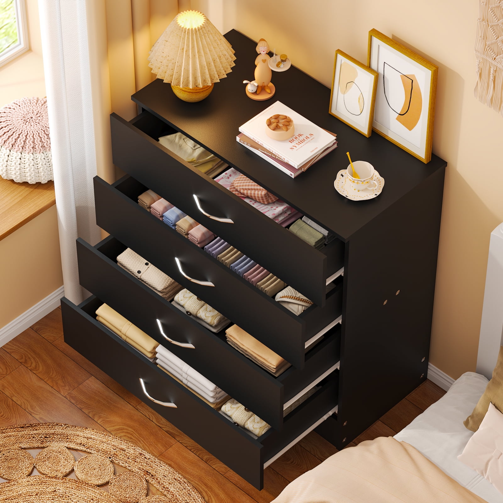 Ktaxon 4 Drawer Dresser Wide Chest of 4 Drawers Storage Cabinet, White Dresser for Bedroom, Living Room, Hallway