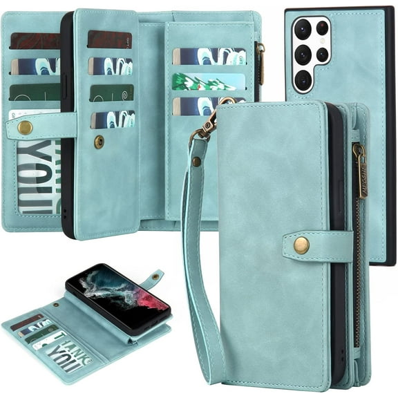 for Samsung Galaxy S22 Ultra Wallet Case with Card Holder & Detachable Magnetic Phone Case, Leather All-round Protection Wallet Phone Case for Women Men,6.8in,Blue
