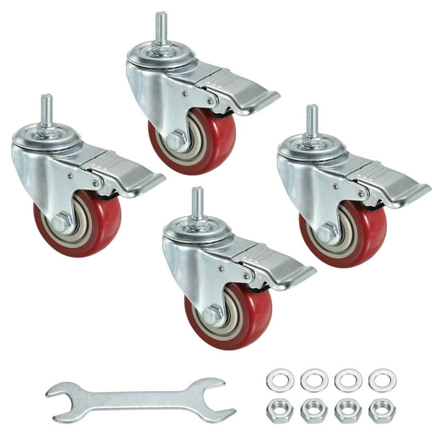 Unique Bargains 3 Inch Swivel Threaded Stem Casters 3/8'-16UNC Thread PU Caster Wheel with Brake 88lbs Load, Red 4pcs