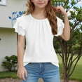 thumbnail image 2 of FAIWAD Girls Ruffle Short Sleeve Shirts Cute Summer Crew Neck Pleated Textured Blouse Tops Kids Solid Color Casual Tees, 2 of 7