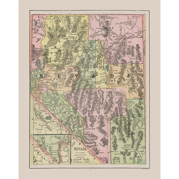 Historic State Map - Nevada - Cram 1892 - 23 x 29.01 - Vintage Wall Art