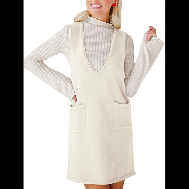 Vestido Corto de Punto Liso Sin Mangas con Cuello en V y Bolsillos para Mujer Albaricoque M