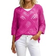 thumbnail image 2 of Ounisa Boho Crochet Tops for Women 3/4 Length Sleeve V Neck Hollow Out Knit Sweater Shirt Summer Lightweight Beach Cover Ups, 2 of 5