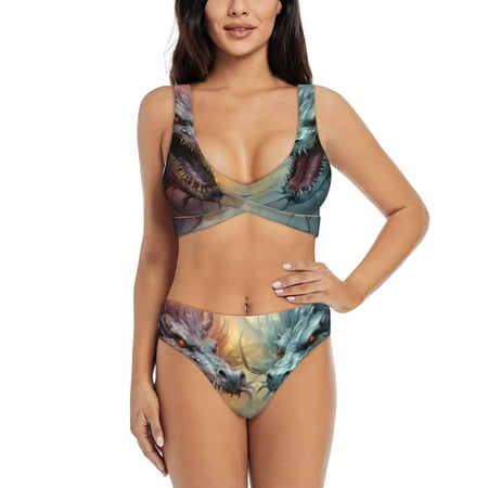 Zeuib White And Red Storm Dragon High Waisted Tummy Control Bikini Set - Knot Front Push Up Top & Cheeky Thong Bottom  Two-Piece Swimsuit for Women-XX-Large