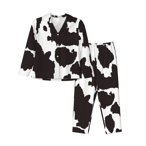 Fotbe Cow Skin 2 Conjunto de Pijama de Manga Larga para Mujer con Estampado, Ropa de Dormir de 2 Piezas, Conjunto de Casa Suave y Cómodo con Bolsillos-Medium
