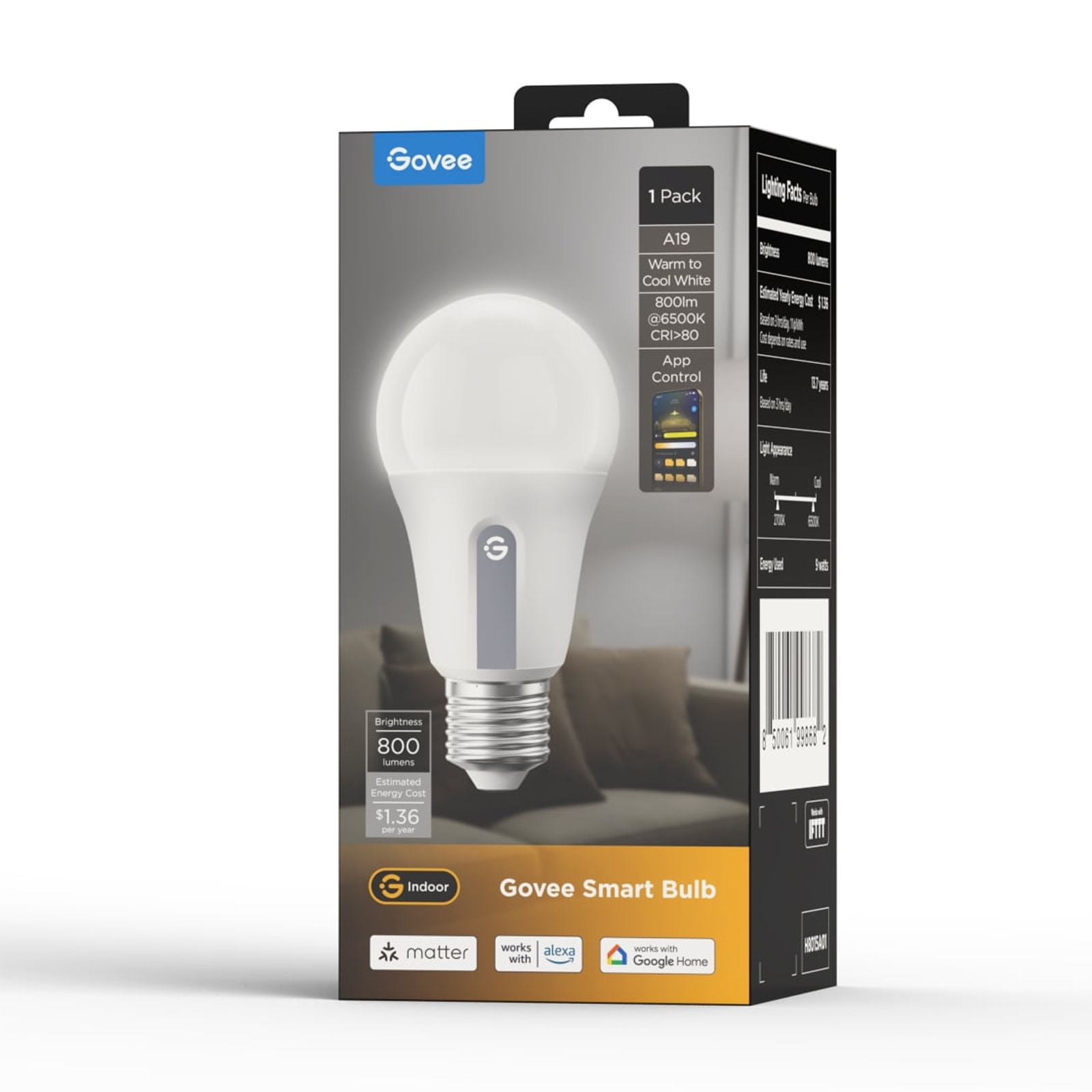 Govee 800LM White Light LED Smart Bulb,Works with Alexa and Google Assistant,WiFi & Bluetooth LED Light Bulbs,1 Pack