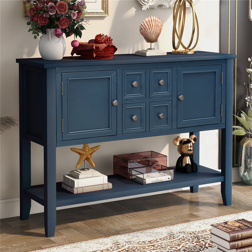 Harper & Bright Designs Buffet Cabinet Kitchen Storage Buffet and Sideboard Table Console Tables with Four Storage Drawers Two Cabinets and Bottom Antique Blue
