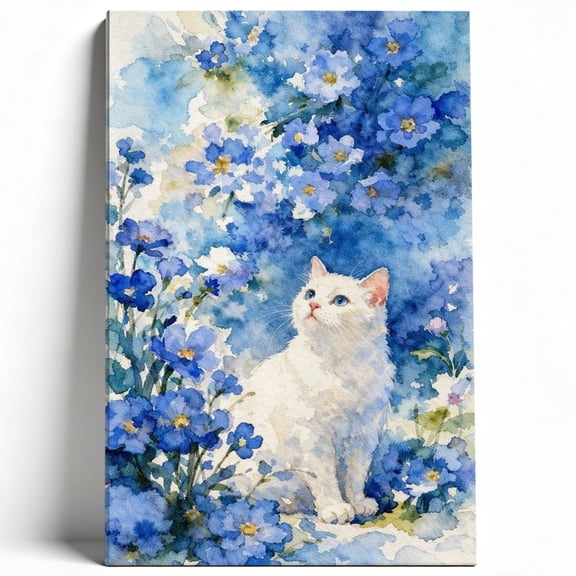 Beautiful White Cat with Blue Flowers Canvas Wall Art Fluffy Kitten Watercolor Painting Forget-Me-Not Poster Living Room Bedroom Decor Print Ready to Hang 8*12