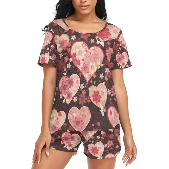 joogoo Women's Pajama Set Love Hearts and Flowers Valentine Short Sleepwear Loungewear with Pockets M